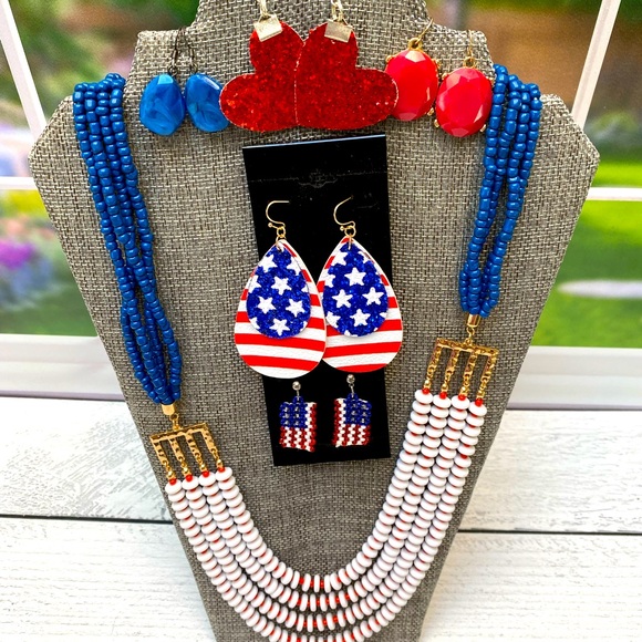 Jewelry - Patriotic Jewelry Set | 4th of July | Necklace and 5 Sets of Earrings | America